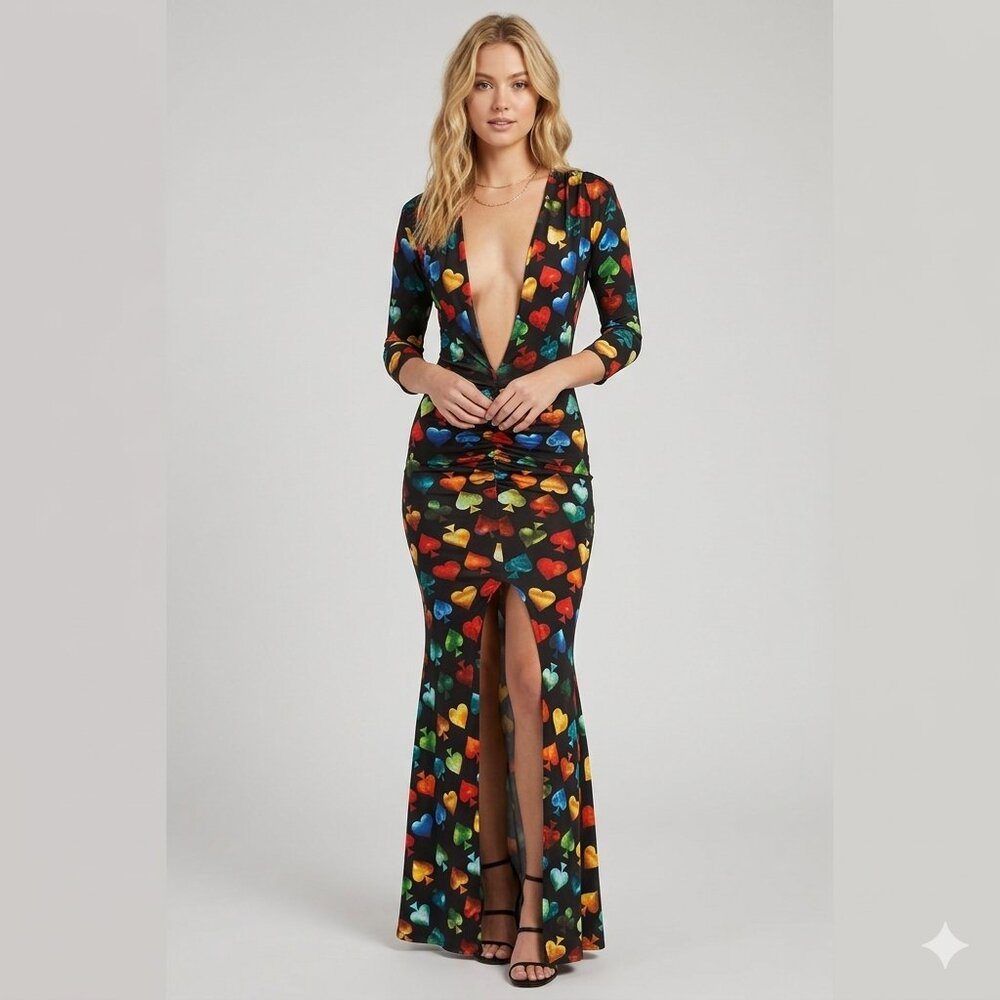 FASHION NOVA Black Plunge Maxi Dress with a Colourful Heart Print - Size Small